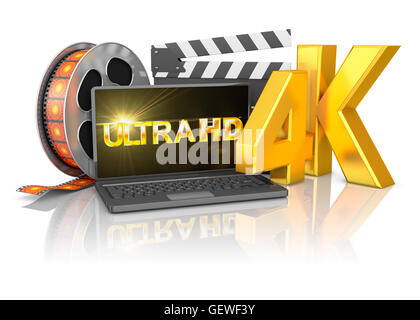 4K laptop e la striscia del film su uno sfondo bianco, 3d rendering. Foto Stock