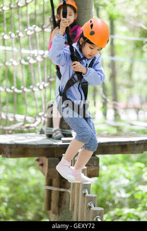 Felici i bambini cinesi in riproduzione in tree top parco avventura Foto Stock