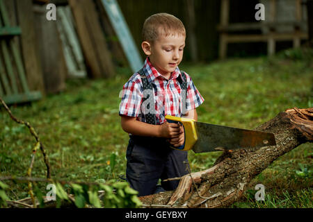 Ragazzo segare albero caduto in giardino Foto Stock