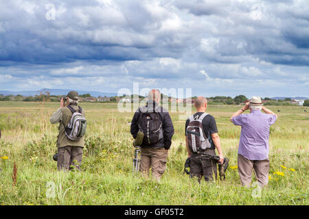 Birdwatching, birdwatching, birdwatching, binocoli di osservazione della fauna selvatica, oscilloscopi, ottiche, treppiedi presso la RSPB Marshside Reserve, Southport, Merseyside, Regno Unito Foto Stock