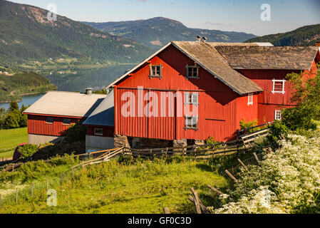 Granaio rosso e Agriturismo vicino a Lillehammer, Norvegia, più di Romsdal, Scandinavia, Foto Stock