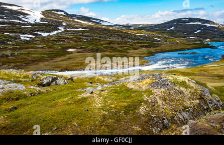 Il fiume che scorre sopra le cascate in primavera, Parco Nazionale di Hardangervidda, Norvegia Hordaland, Scandinavia, europeo