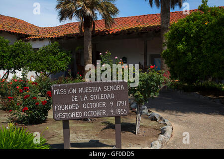 Ingresso sign, missione Nuestra Senora de la Soledad, Soledad, California Foto Stock