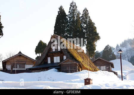 Case tetto di paglia in inverno, Shirakawago, Giappone Foto Stock