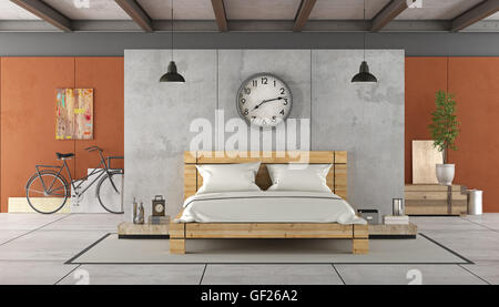 Soppalco interno con camera da letto matrimoniale sul muro di cemento e bicicletta su sfondo - 3D Rendering Foto Stock