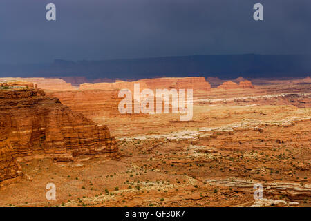 Tempesta drammatico skies, Bianco Crack Camp, White Rim Trail, il Parco Nazionale di Canyonlands, Utah Foto Stock