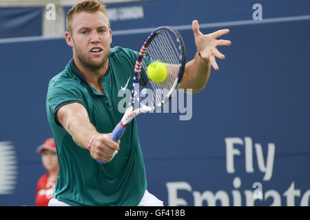 Toronto, Ontario, Canada. 28 Luglio, 2016. Stan Wawrinka della Svizzera vince il terzo round del Rogers Cup sconfiggendo Jack calza degli Stati Uniti. 7-6, 6-3. Calza Jack nell'immagine. Credito: Joao Luiz De Franco/ZUMA filo/Alamy Live News Foto Stock