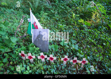 Omaggi a soldati caduti posto in corrispondenza del bordo di legno Mametz, Picardia, Francia Foto Stock