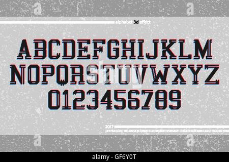 3d illusione alfabeto lettere e numeri. 3d effetto vettore tipo font design stile glitch lettering contemporaneo t stereoscopica Illustrazione Vettoriale