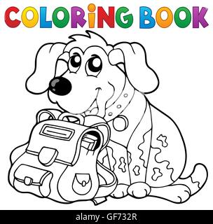 Libro da colorare cane con zainetto tema 1 - foto illustrazione. Foto Stock