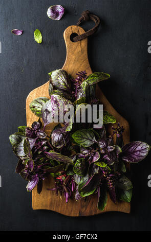 Viola mazzetto di basilico sul tagliere di legno Foto Stock