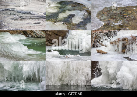 Raccolta di ghiaccio e texture acqua congelata sul fiume di montagna Foto Stock