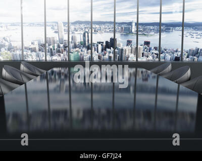 Tavolo per riunioni con lo sfondo della città. 3D illustrazione Foto Stock