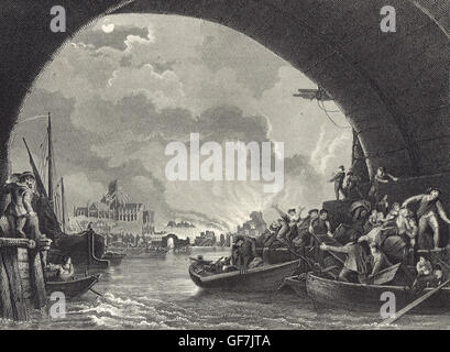 Il Grande Incendio di Londra 1666, londinesi escape in barche Foto Stock