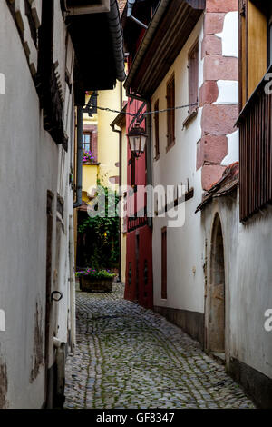 Coloratissima street nel villaggio di Riquewihr. Foto Stock