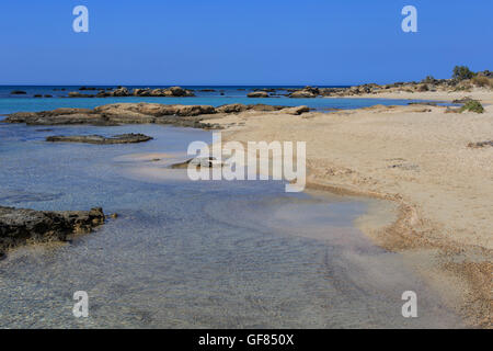 Le acque cristalline e la sabbia bianca della spiaggia di Elafonisi, costa Ovest di Creta, Provincia di Chania, Foto Stock