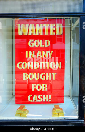 L'oro ha voluto firmare in negozio comprare oro, argento, platino, diamanti Yorkshire Regno Unito Foto Stock