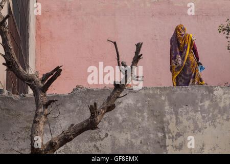 Un patrimonio artistico di rendering di una donna indiana che lavora al secondo piano di un edificio di Nuova Delhi, India. Foto Stock