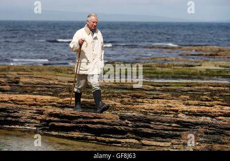 Il Principe di Galles, noto come il Duca di Rothesay mentre in Scozia, passeggiate sulla spiaggia vicino castello Mey, per guardare il personale dalla nuova onda alimenti, una nuova azienda in base a Wick, harvest alghe commestibili dalla spiaggia. Foto Stock