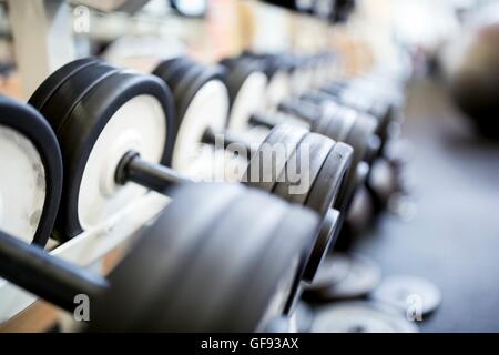 Proprietà rilasciato. Close-up di pesanti manubri disposti in fila sul rack. Foto Stock