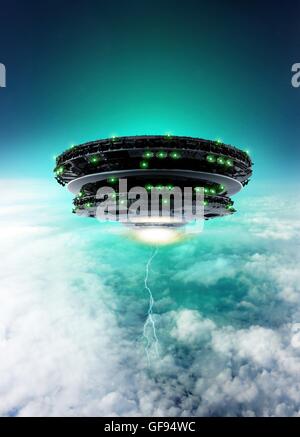 Oggetto Volante non Identificato (UFO) nel cielo, illustrazione. Foto Stock