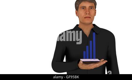 Blue bar graph in mano d'uomo 3D render Foto Stock