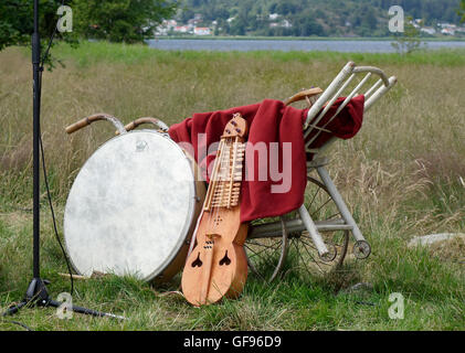 Tradizionale vecchi strumenti musicali. Swedish antic nyckelharpa 'calettato fiddle', 'Chiave' arpa celtica e bodhrán tamburo. Foto Stock
