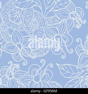 Sfondo con disegnati a mano i fiori, le foglie e il nastro di inchiostro Illustrazione Vettoriale