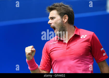 Toronto, Canada. 29 Luglio, 2016. Stan Wawrinka della Svizzera celebra rigature durante il quarterfinal match di uomini singoli contro Kevin Anderson del Sud Africa a 2016 Rogers Cup di Toronto, Canada, 29 luglio 2016. Stan Wawrinka ha vinto 2-0. Credito: Zou Zheng/Xinhua/Alamy Live News Foto Stock