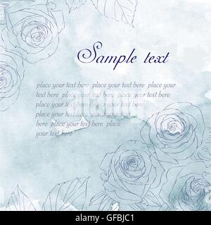 Carta con disegnati a mano rose blu su sfondo ad acquerello. Illustrazione Vettoriale