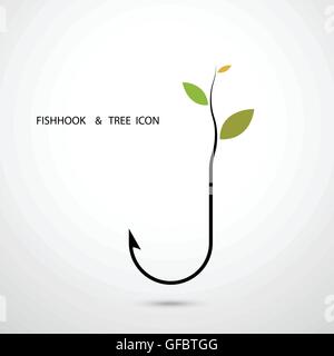 Logo Fishhook e piccolo albero Icon.pianta che cresce su icona Fishhook.ECO-Green il concetto di energia.Fishhook Logo.Tree Logo.Logo verde. Illustrazione Vettoriale