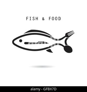 Pesce,cucchiaio, coltello e forchetta icon.Pesce & logo food design icona vettore.Pesce & food ristorante icona menu.illustrazione vettoriale Illustrazione Vettoriale