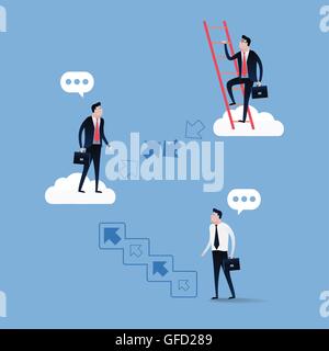 Imprenditore salendo le scale oltre il cielo blu con nuvole bianche. Il concetto di Business illustrazione vettore. Illustrazione Vettoriale