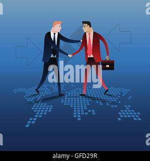 Stretta di mano di due persone di affari con il mondo sullo sfondo della mappa. Il concetto di Business illustrazione disegno vettoriale Illustrazione Vettoriale