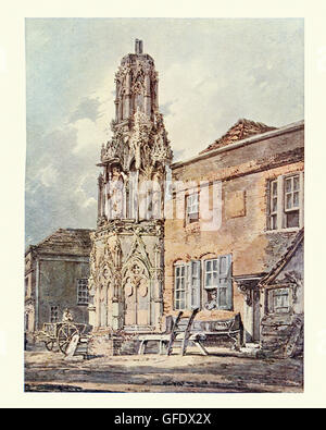 Waltham Cross e Inn , dopo l'acquarello di J M W Turner. Waltham Cross è la più southeasterly città nel Hertfordshire, Inghilterra. 1793 Foto Stock