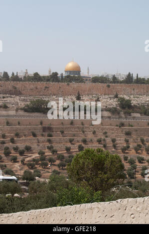 Israele, a Gerusalemme, a monte degli Ulivi: skyline con la Cupola della roccia, islamica del santuario sul Monte del Tempio, durante una tempesta di sabbia il 10 settembre, 2015 Foto Stock