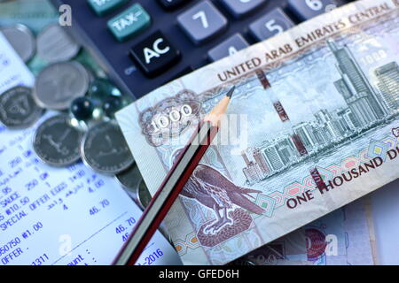 Close up Dirhams moneta, Emirati Arabi Uniti Foto Stock