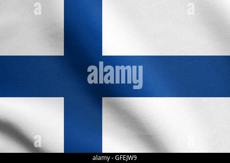 Bandiera della Finlandia sventolare nel vento con tessuto dettagliate texture. Il finlandese bandiera nazionale. Foto Stock