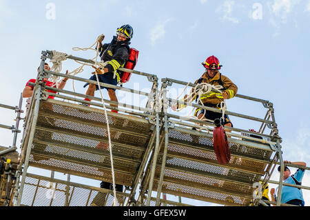 Belfast, Irlanda del Nord. 8 agosto 2013 - Due vigili del fuoco tirare hosepipes oltre 100ft su un gantry all'ultimo evento vigile del fuoco, mondo di polizia e dei vigili del fuoco di giochi (WPFG) Foto Stock