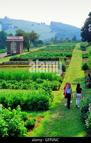 Monticello. Plantation House La casa di Thomas Jefferson, nei pressi di Charlottesville, Virginia. Giovani donne visitando orto Foto Stock