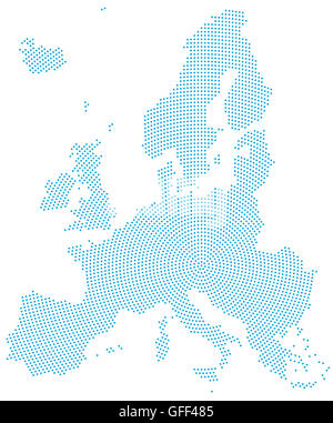 Mappa Europa dot radiale pattern. Punti Blu andando dal centro verso l'esterno e forma la silhouette dell'Unione europea Zona. Foto Stock