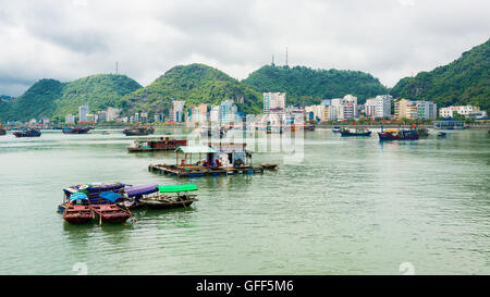 Vista di cat ba bay con barche da pesca e ristoranti fluttuanti e cat ba town in background Foto Stock