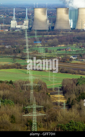 Vista aerea, RWE Power Plant overland route linea ad alta tensione, la linea di trasmissione, nella parte anteriore del carbone vegetale Gersteinwerk, Foto Stock