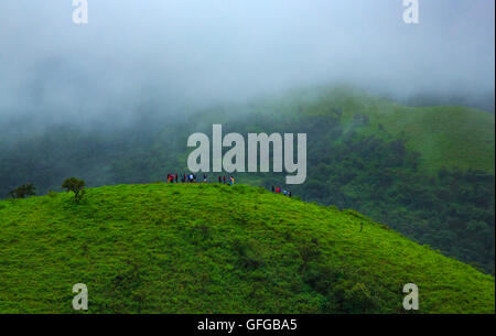 Tourist godendo la vista delle verdeggianti colline - - sul modo di Baba Budangiri di Chikmagalur (India) Foto Stock