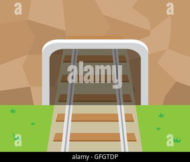 Tunnel di montagna e la ferrovia in stile appartamento, vettore Illustrazione Vettoriale