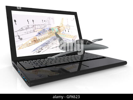 3D Rendering immagine di un computer portatile con un aereo sulla tastiera che rappresentano aviation CAD Foto Stock