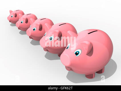 3D Render Image che rappresenta alcuni piggybanks disposti in una fila Foto Stock