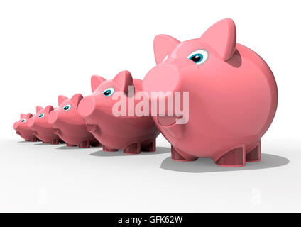 3D render image di una fila di piggy banche che rappresenta una crescita personale Foto Stock