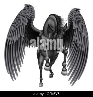 Una illustrazione di un nero pegasus mitologico cavallo alato allevamento sulle zampe posteriori o acceso o il salto visto dalla parte anteriore Foto Stock