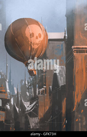 Mongolfiera galleggiante nella città vecchia,immagine,pittura digitale Foto Stock